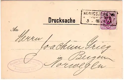 DR 1889, R3 Königsberg I/PR. Bahnpost No.11 auf Karte m. 5 Pf. n. Norwegen