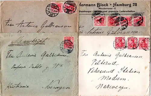 DR 1907/12, 4 jeweils portorichtige Germania Briefe n. Norwegen. 1 EF+3 MeF.