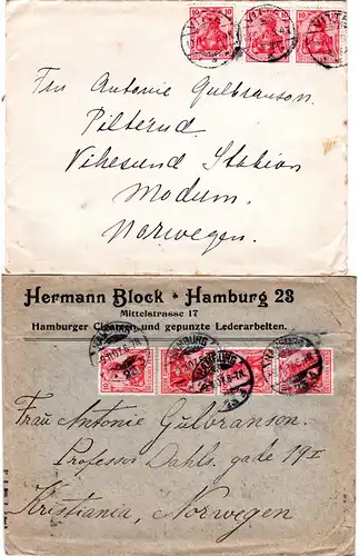 DR 1907/12, 4 jeweils portorichtige Germania Briefe n. Norwegen. 1 EF+3 MeF.