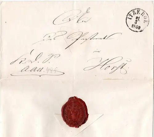 Schleswig Holstein 1859, K1 Itzehoe auf Brief m. Steinburger Amtstube Siegel