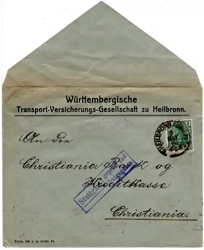 DR 1916, 5 Pf. Germania auf Firmen Drucksachenumschlag v. Heilbronn n. Norwegen