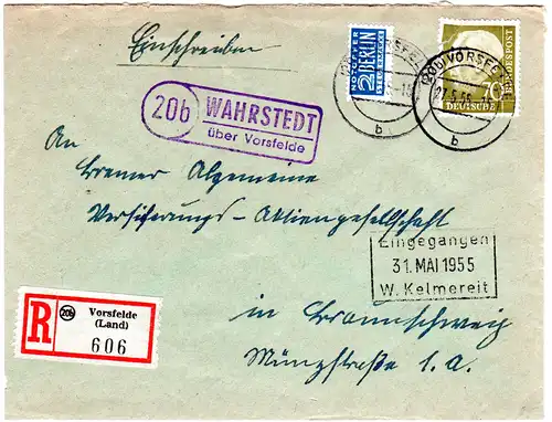 BRD 1955, Landpost Stpl. WAHRSTEDT über Vorsfelde auf Reko Brief m. 70 Pf.
