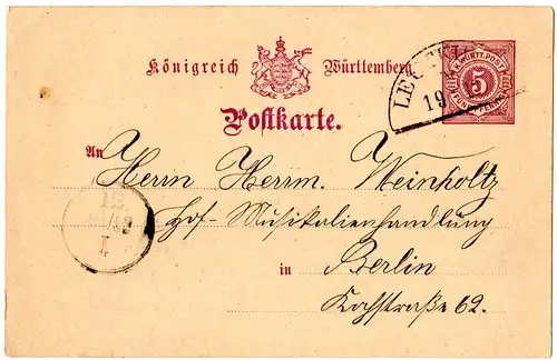 Württemberg 1886, Bahnstempel Leutkirch auf 5 Pf. Ganzsache v. Gebrazhofen