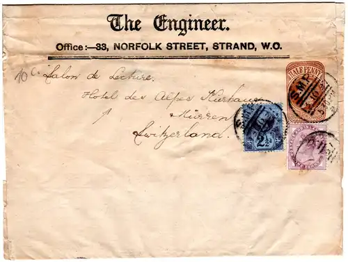 GB 1897, 1+2 1/2d Zusatzfr. auf 1/2d The Engineer Streifband Ganzsache i.d. CH