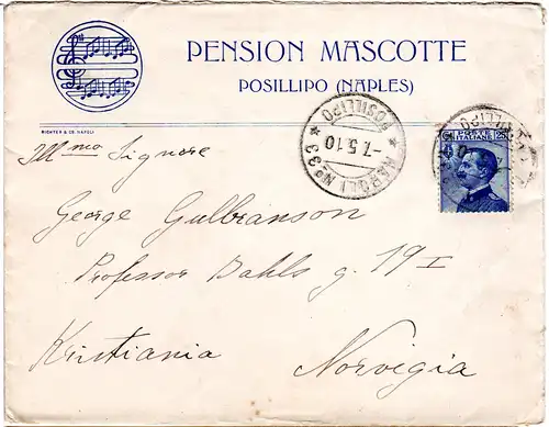 Italien 1910, 25 C. auf Hotel Brief v. Napoli No.33 Posillipo n. Norwegen