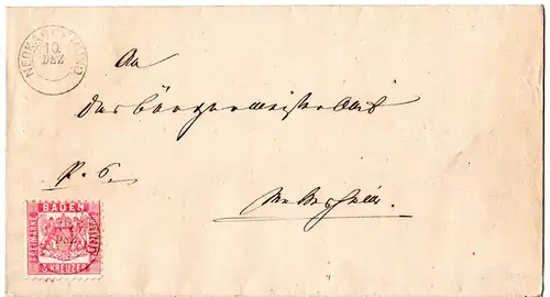 Baden 1865, 3 Kr. auf schönem Brief m. K2 NECKARGEMÜND u. rücks. Bahnpoststpl.
