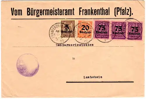 DR 1923, 5 Dienstmarken auf Bürgermeisteramt Brief v. Frankenthal n. Lambsheim