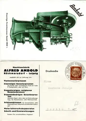 DR 1940, Maschinenfabrik A. Ambold Rückmarsdorf Leipzig, Reklamekarte m. 3 Pf. 