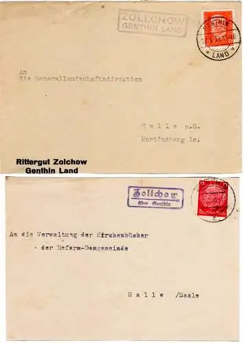 DR 1933/40, 2 versch. Landpost Stpl. ZOLLCHOW / Genthin klar auf 2 Briefstücken
