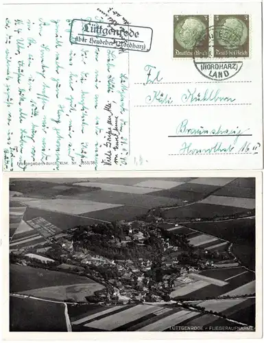 DR 1940, Landpoststpl. LÜTTGENRODE über Heudober auf Luftbild-AK m. 2x3 Pf.