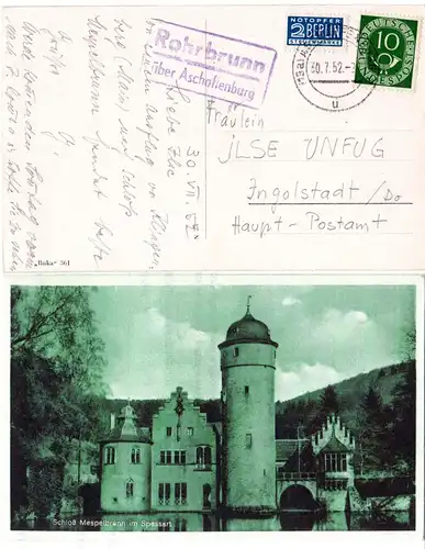 BRD 1952, Landpoststpl. ROHRBRUNN über Aschaffenburg auf sw-AK m. 10 Pf