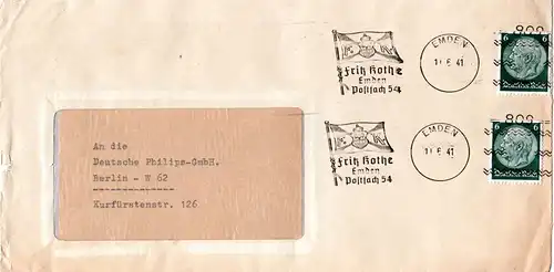 DR 1941, Freimarkenstempler 809 Emden F. Kohte auf Brief m. 2mal 6 Pf.