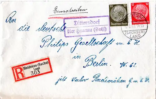 DR 1940, Landpoststpl. DITTERSDORF über Heidenau auf Reko-Brief m. 12+30 Pf.