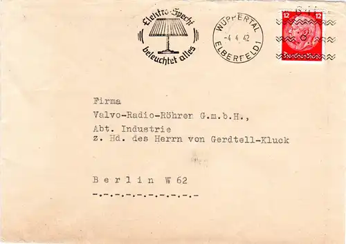 DR 1942, Freimarkenstempler 641 Elektro Specht Wuppertal auf Brief m. 12 Pf.