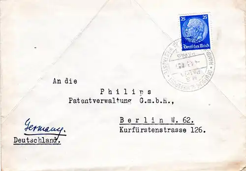 DR 1939, Dt. Schiffspost MS Patria Hbg. Südamerika Westküste auf Brief m. 25 Pf.
