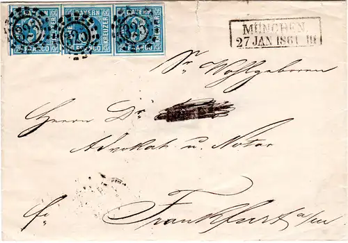 Bayern 1861, breitrandiger 3er-Streifen 3 Kr. auf Brief v. München n. Frankfurt