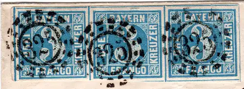 Bayern 1861, breitrandiger 3er-Streifen 3 Kr. auf Brief v. München n. Frankfurt