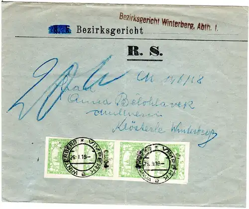 Tschechoslowakei 1919, 4x5 H. Porto auf Rückschein Brief v. Winterberg