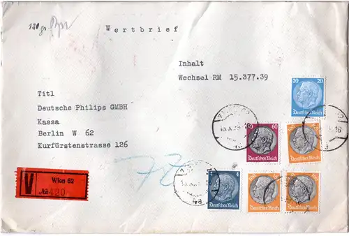 DR 1939, 6 Werte Hindenburg auf portorichtigem Ostmark Wert Brief v. Wien