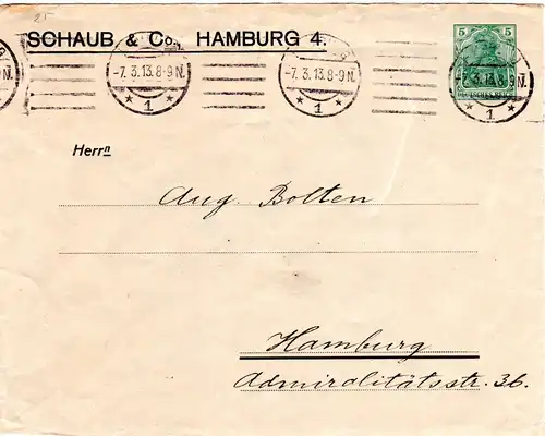 DR 1913, gebr. 5 Pf. Privatganzsache Brief Schaub & Co. Hamburg 