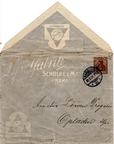 DR 1904, gebr. 3 Pf. Privatganzsache Brief Lysolfabrik Schülke & Mayer Hamburg 