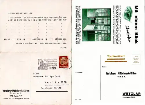 DR 1939, Wetzlarer Möbelwerkstätten Reklame-Faltkarte m. 3 Pf. u. Werbestempel