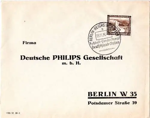 DR 1936, Bief m. Berlin Fussball Sonderstempel Länderkampf Deutschland - Italien