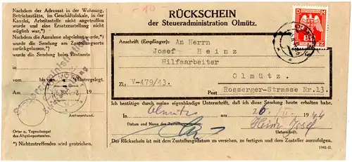 Böhmen u. Mähren 1944, 80 H. Dienst auf Rückschein Formular v. Olmütz