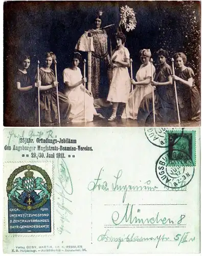 Augsburg, Beamten-Verein Gründungs Jubiläum, 1912 gebr. sw-Festkarte m. Vignette