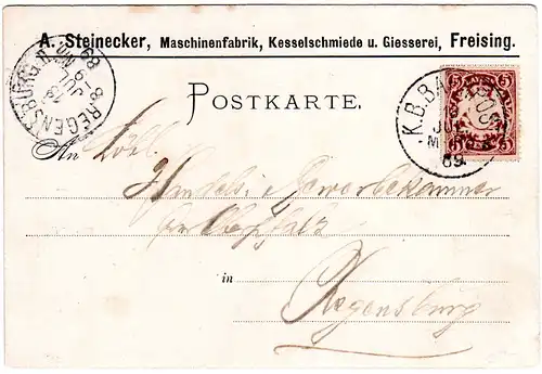 Bayern 1889, 5 Pf. viol. auf Firmenkarte v. Freising m. Bahnpost-K1 M-Re