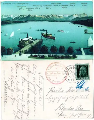 Bayern 1912, K2 Starnberg Schiffspost C II u. Dampfer Cachet auf Farb-AK m. 5 Pf