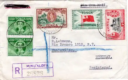 Tonga 1960, 5 Marken auf Einschreiben Brief n. Uruguay.
