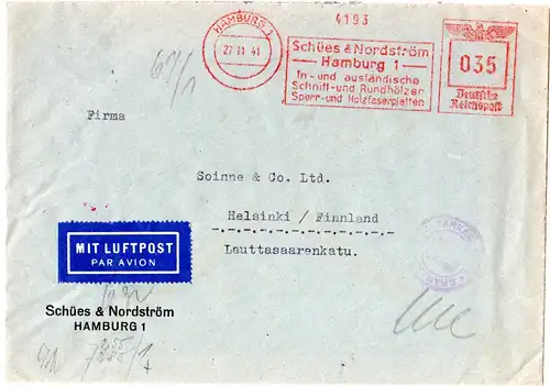 DR 1941, Hamburg Firmenfreistpl. Schües&Nordström auf Zensur Brief n. Finnland