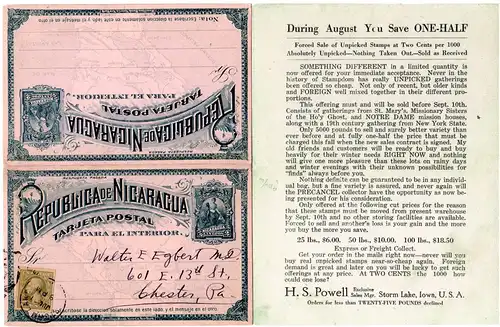 Nicaragua, 2 C. Doppelkarte in Werbeverwendung v. Strom Lake m. USA 1 Ct.