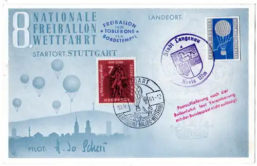 BRD 1961, 8. Nationale Freiballon-Wettfahrt ab Stuttgart, Ballon "TOBLERONE"