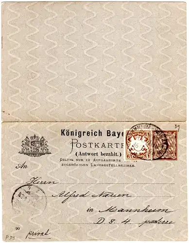 Bayern 1919, DR Bahnpoststpl. Mannheim-Würzburg auf 3 Pf. Doppelkarte m. Zusatz