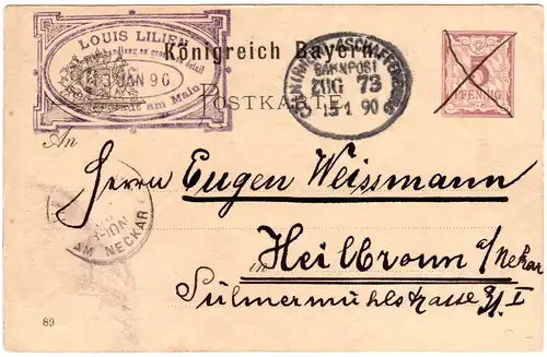 Bayern 1890, Bahnpoststpl. Cöln-Aschaffenburg auf 5 Pf Ganzsache v. Seligenstadt