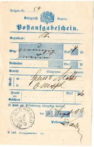Bayern 1906, Postschein f. einen Wertbrief m. Pfalz-K1 ODENBACH