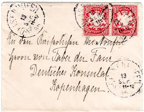 Bayern 1886, 2x10 Pf. auf kl. Auslandsbrief v. Deisenhofen n. Dänemark