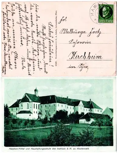 Klosterwald, Mädchen-Mittel u. Haushaltungsschule, von HAWANGEN gebr. sw-AK