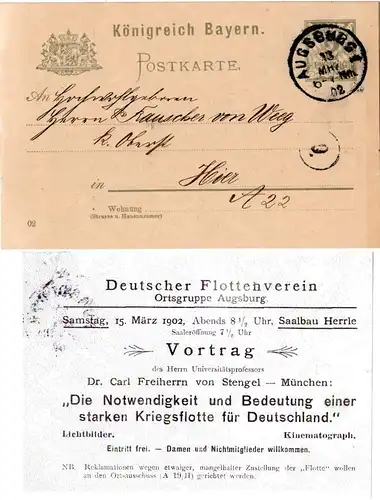 Bayern 1902, Pf. Ortskarte v. Augsburg m. rücks. Zudruck  Dt. Flottenverein
