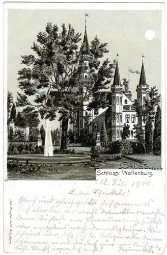 Bayern 1900, Posthilfstelle WELLENBURG Taxe Jnningen auf Litho-AK m. 5 Pf.