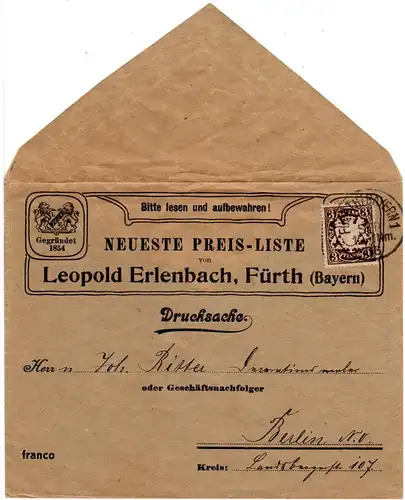 Bayern 1906, 3 Pf. auf attraktivem Reklame Brief v. Fürth n. Berlin