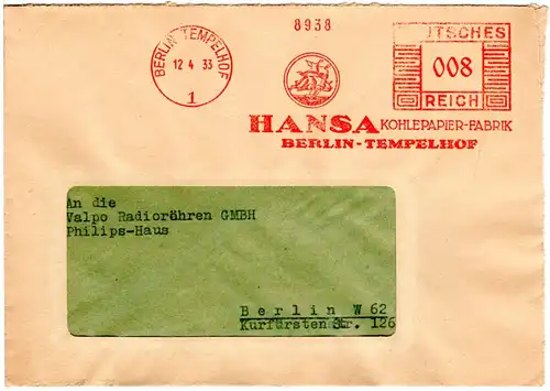 DR 1933, 8 Pf. Berlin Tempelhof Kohlepapier Freistempel auf Orts- Brief