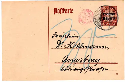 Bayern 1920, Porto Controle Augsburg 2 in rot auf 15 Pf. Karte v. Wolfratshausen