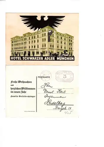 München, Hotel Restaurant Schwarzer Adler, 1933 gebr. AK m. Weihnachtswünschen