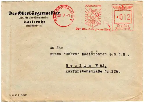 DR 1941, 12 Pf. Werbefreistempel auf Oberbürgermeister Brief v. Karlsruhe