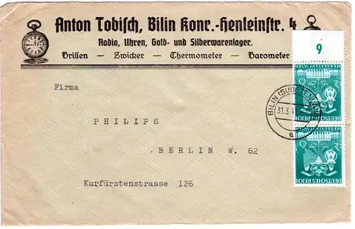 DR 1941, Paar 6 Pf. auf Firmen Reklame Brief v. Bilin  m. Abb. Taschenuhr