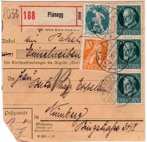 Bayern 1920, 3x60 Pf.+10+60 Pf. Abschied auf Einschreiben Paketkarte v. Planegg