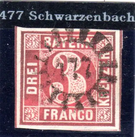 Bayern, MR 477 SCHWARZENBACH klar u. zentrisch auf breitrandiger 3 Kr.